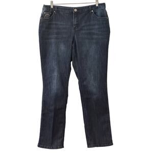 CJ Banks Denim Jeans Dark Wash Mid Rise Embroidery 5 Pockets Stretchy Size 14W